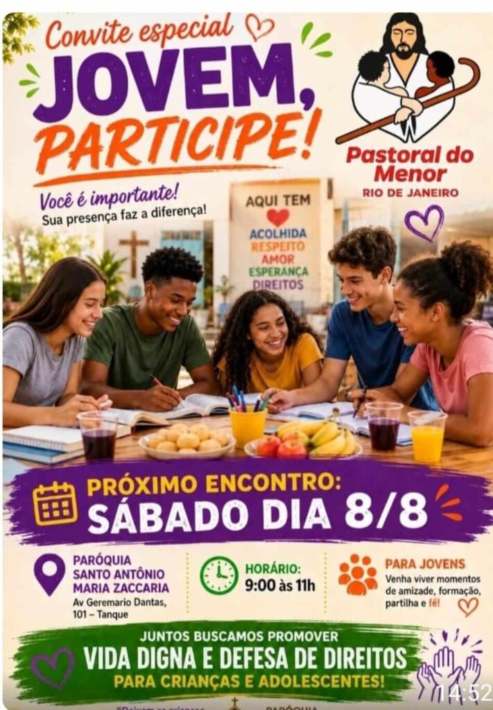 Pastoral do Menor convida jovens para encontro de formação, amizade e fé neste sábado, 08 de agosto